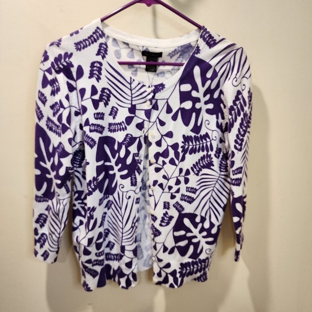 New Options White And Purple cotton blend button Down Cardigan  L new with tags